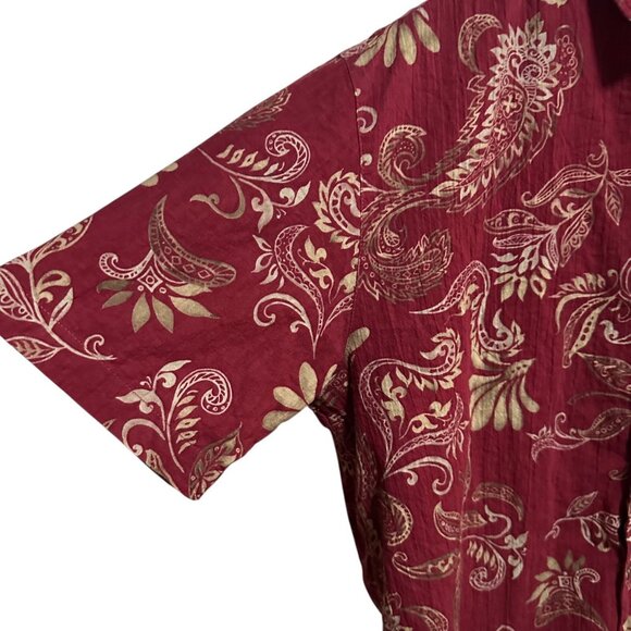 Caribbean Men’s Large Maroon Leaf Print Short Sleeve Shirt 2000s Cotton Blend - Picture 7 of 12